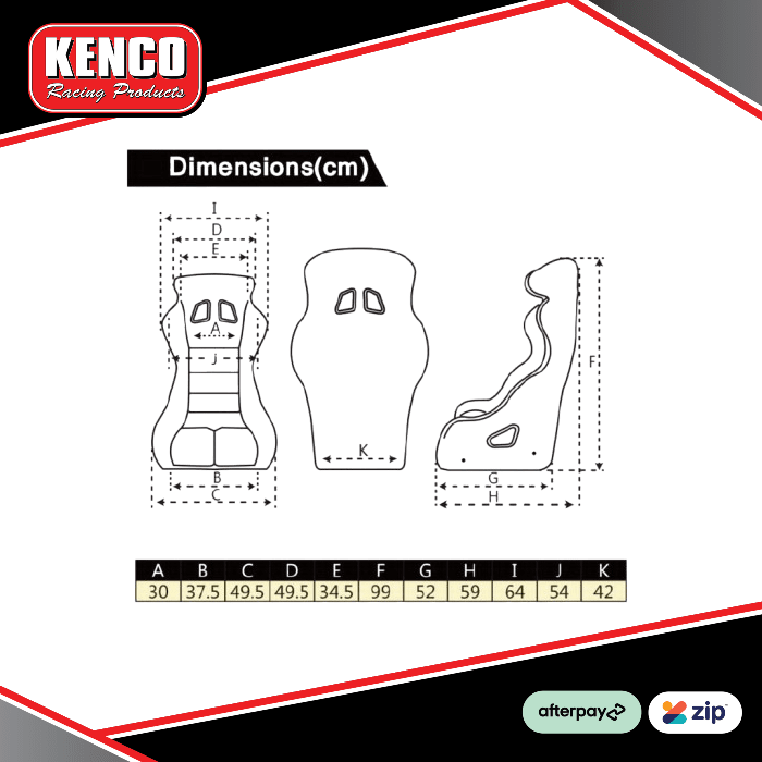 Kenco Racing Moulded Full Containment Seat - Measurements
