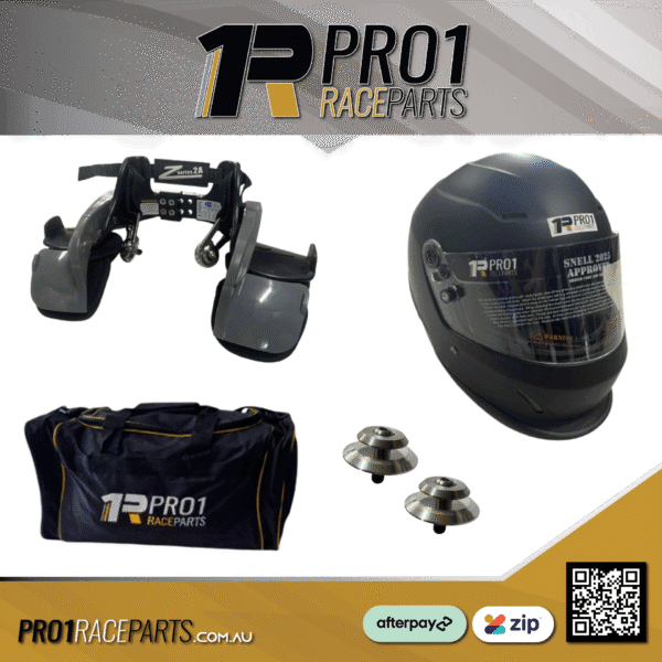 Pro1 SNELL 2025 Helmet and ZAMP 2A Head and Neck Restraint Kit - Black - No Air Pro1 SNELL 2025 Helmet and ZAMP 2A Head and Neck Restraint Kit - Black - No Air