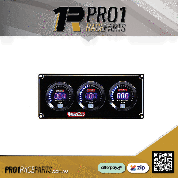Quickcar QRP67-3012 Gauge Panel Assembly, Digital,  Oil Pressure / Fuel Pressure / Water Temperature, Black Face Kit Very Popular Set !!! Electronic, 2-1/16" dia. gauges utilize a blue LED readout and graduated scale for increased readability. Built-in warning, instantly alerting the driver. Panels are completely pre-wired and sold complete with necessary transducers and senders